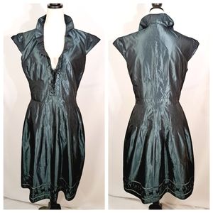 KAY UNGER New York Iridescent Green Dress with Ruffle Collar and Velvet Trim